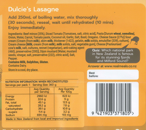 Real Meals Dulcie’s Lasagne